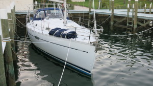 Dinghy tied down on front deck