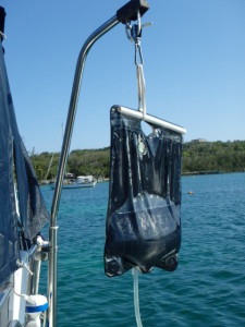 When you do serious cruising, this 5 gallon solar water bag is one source of hot water