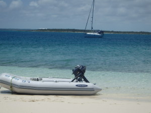 Beaching the dinghy to walk ashore is a common event in the Abacos