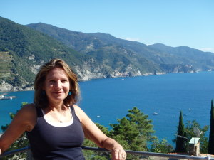 Dena on the deck of our Apt. in Monterosso